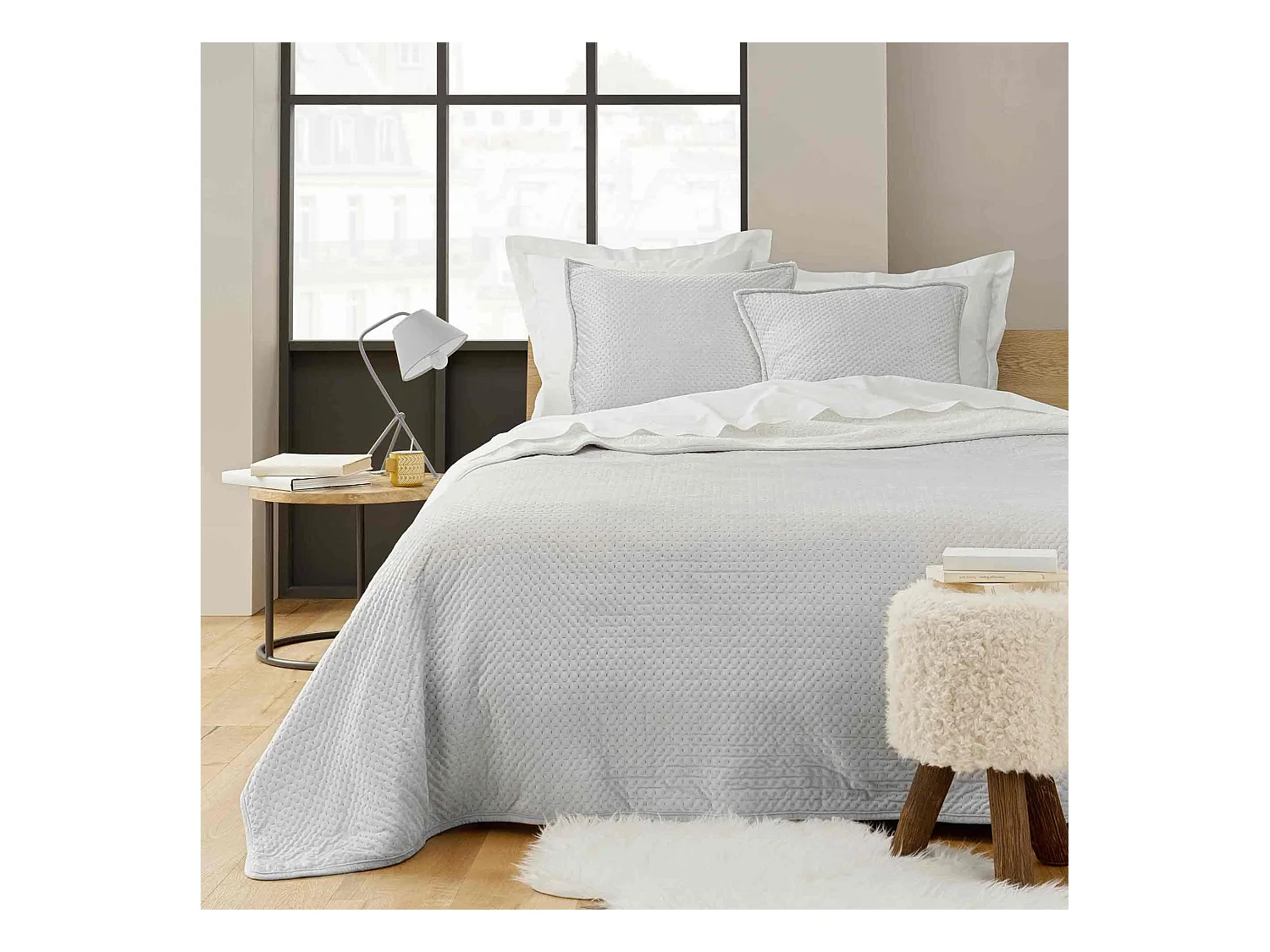 Couvre-lit velours relief/sherpa Mylene Gris