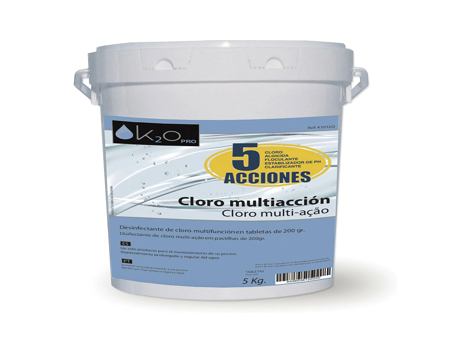 Tabletas de Cloro K20 Multifunción 5 en 1 Bote 5 kg | Tabletas de 200 gr | Limpieza y Mantenimiento de Piscinas Desmontables | Alguicida y Estabilizador de PH