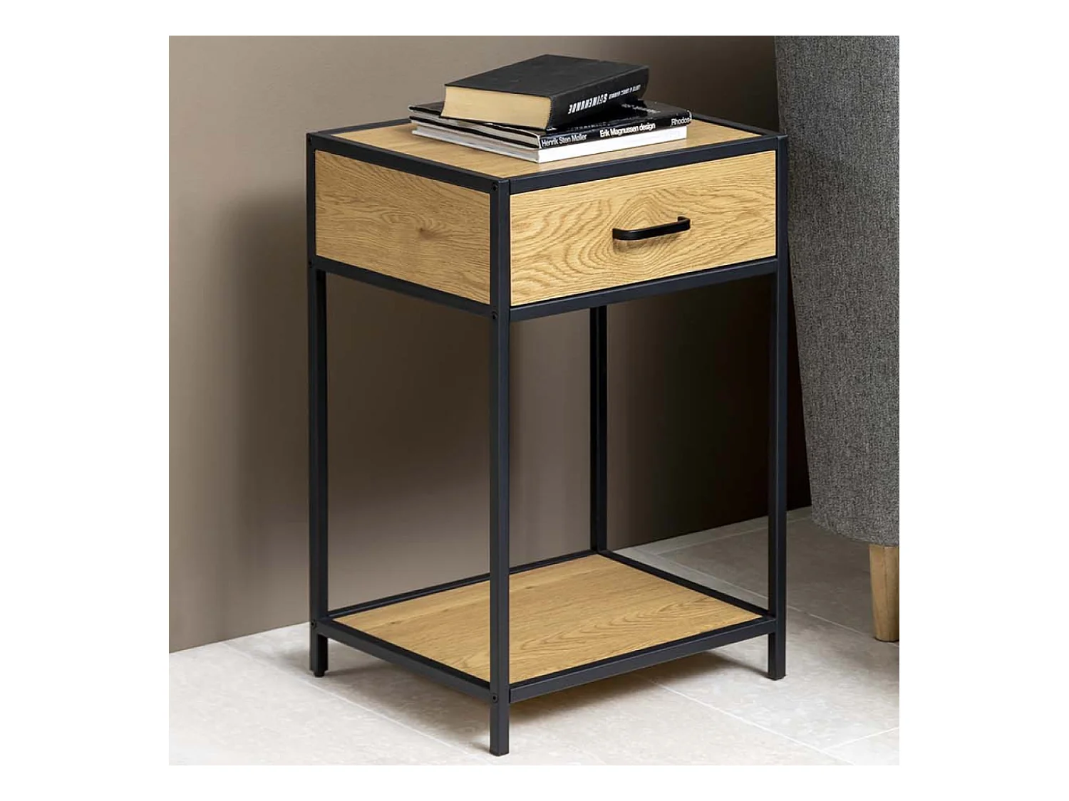 Lot de 2 tables de chevet avec tiroir bois et métal Factory