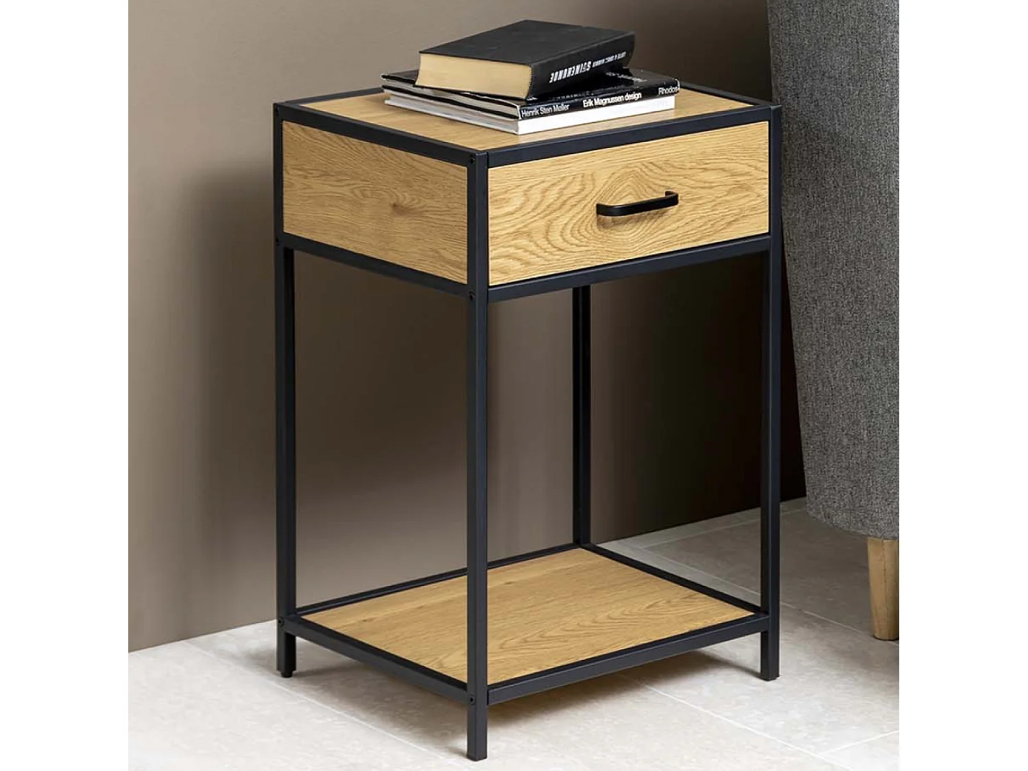 Set van 2 industriële nachtkastjes van hout en metaal met lade - Factory