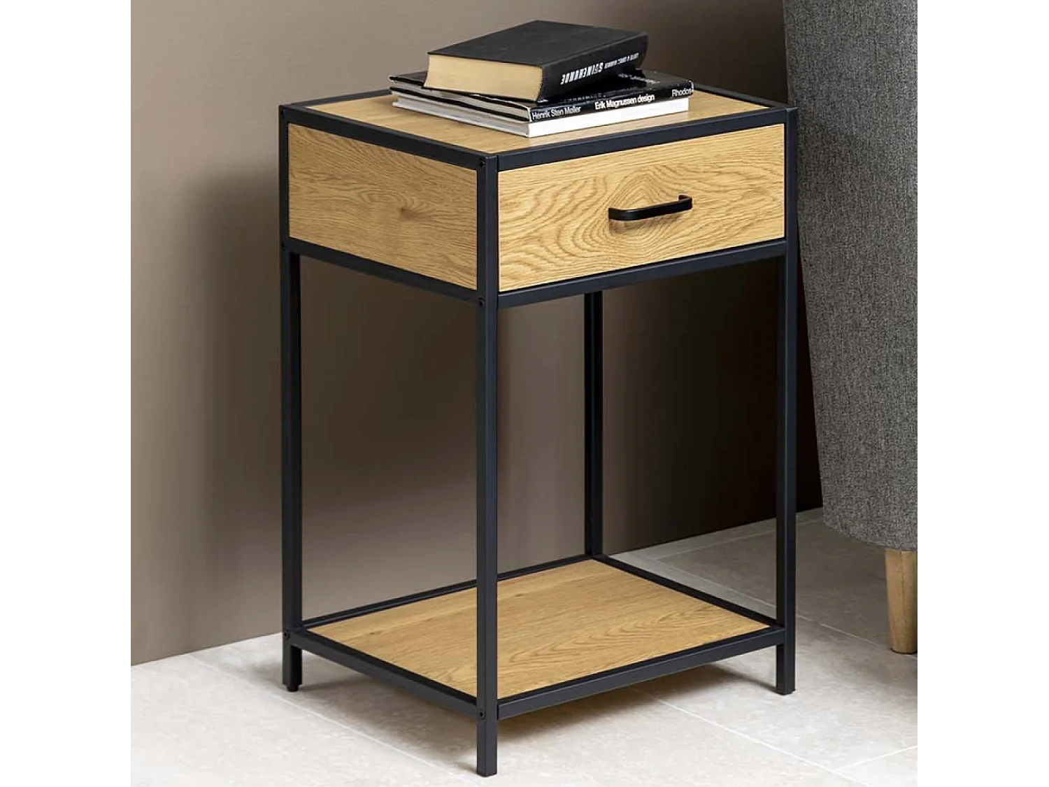 Lot de 2 tables de chevet avec tiroir bois et métal Factory