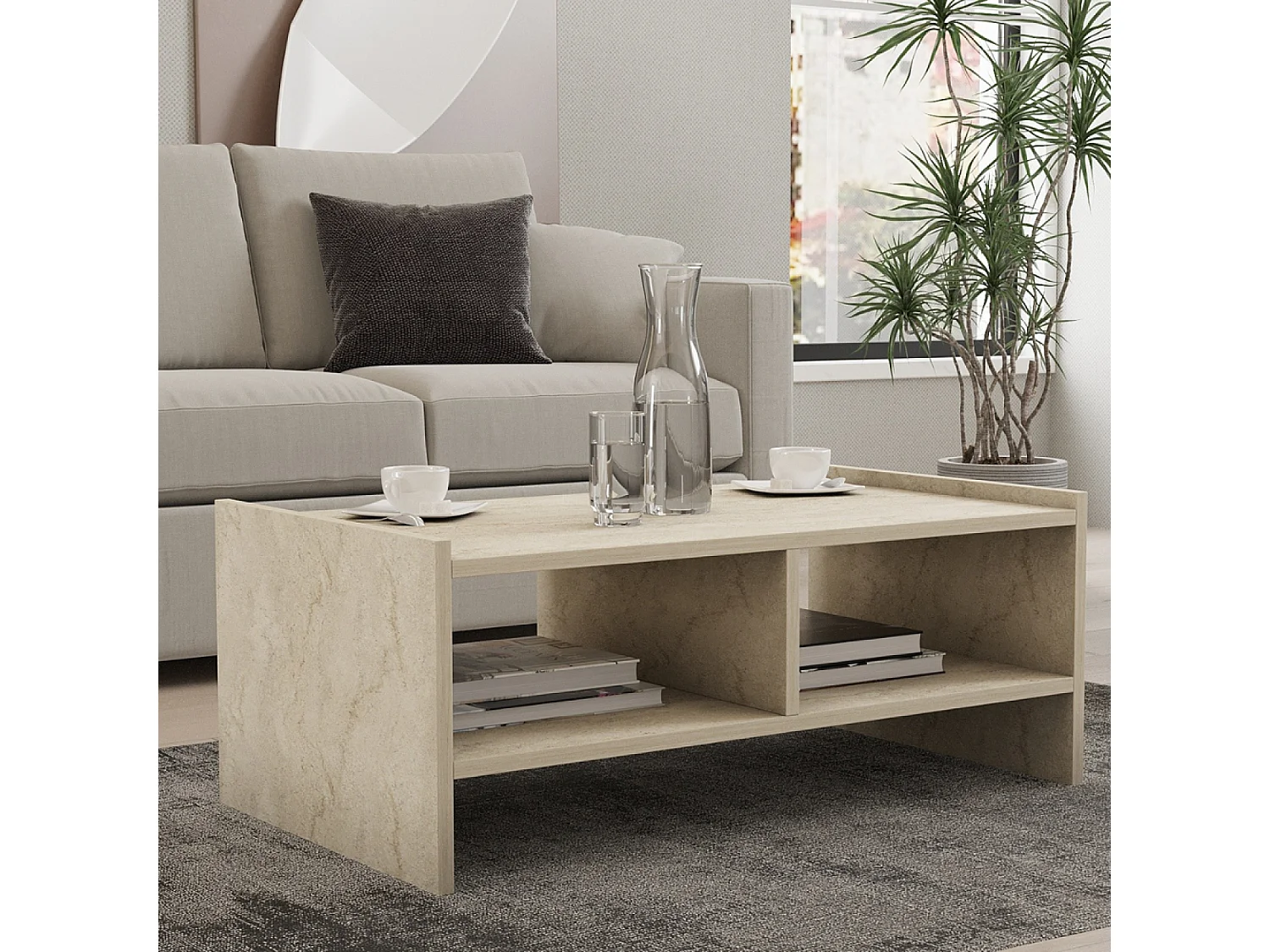 Table basse en bois effet pierre - 2 niches ALBIN