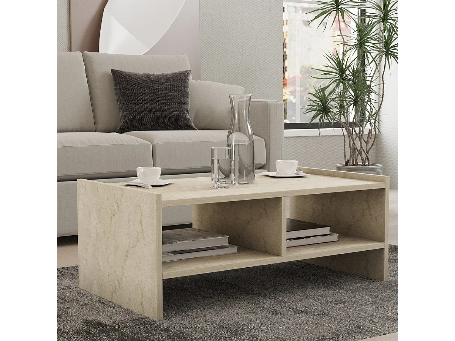 Table basse en bois effet pierre - 2 niches ALBIN