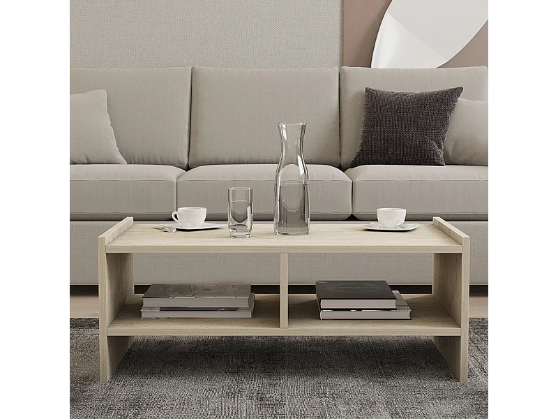 Salontafel ALBIN van hout met steeneffect en 2 nissen