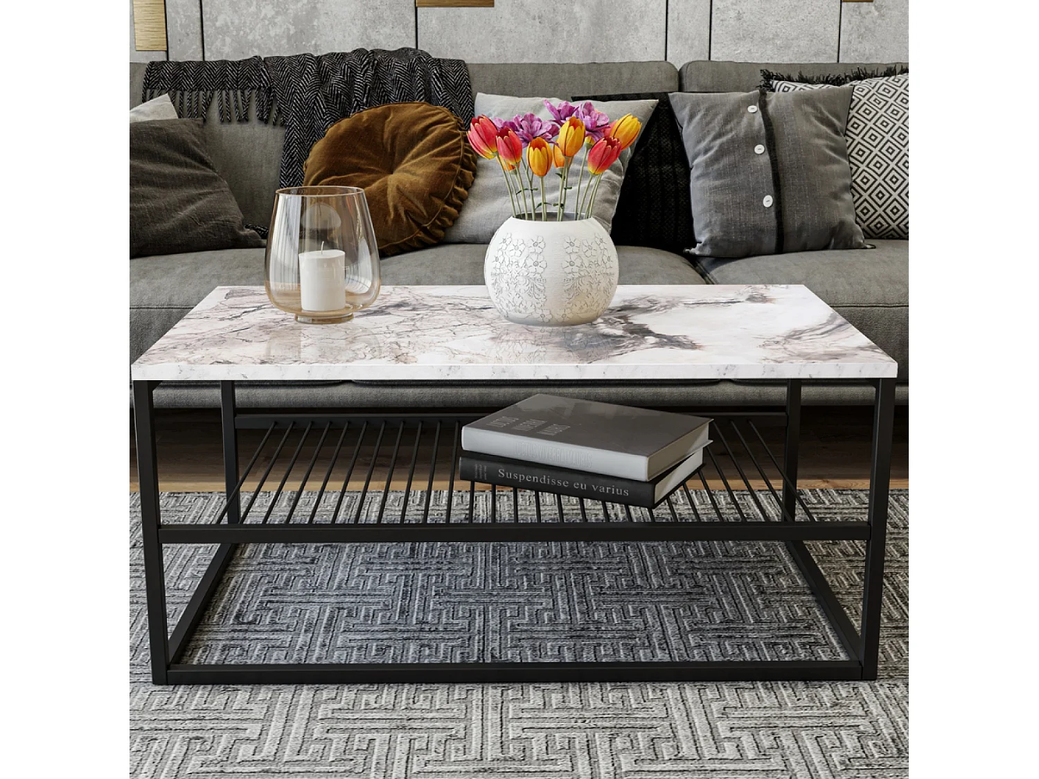 Couchtisch mit weißer Marmoroptik und Regal - MARBEL