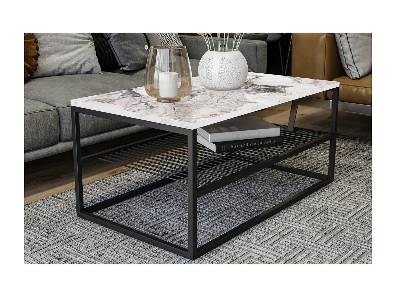 Couchtisch mit weißer Marmoroptik und Regal - MARBEL