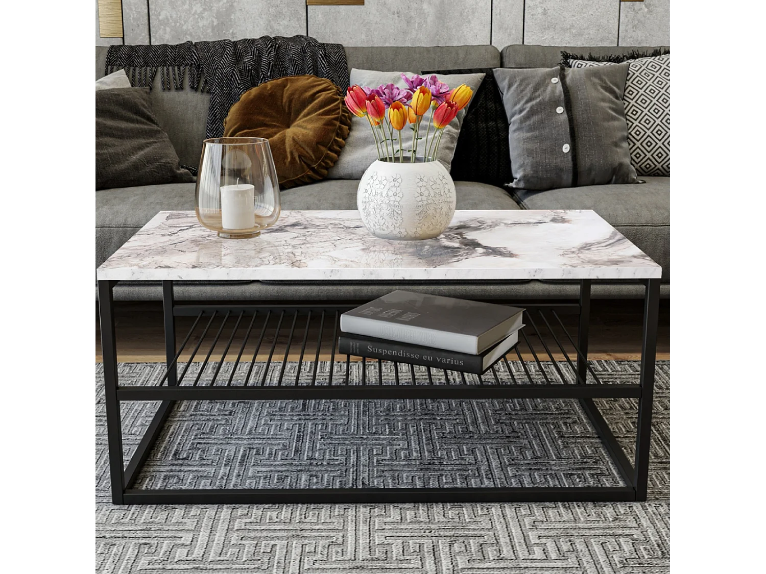 Couchtisch mit weißer Marmoroptik und Regal - MARBEL