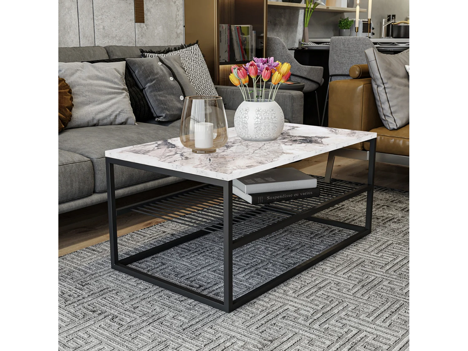 Couchtisch mit weißer Marmoroptik und Regal - MARBEL