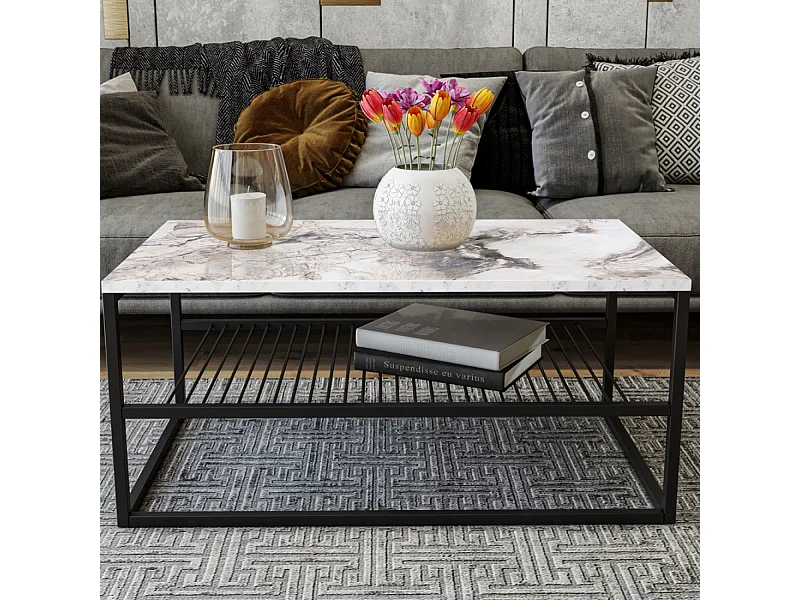 Couchtisch mit weißer Marmoroptik und Regal - MARBEL