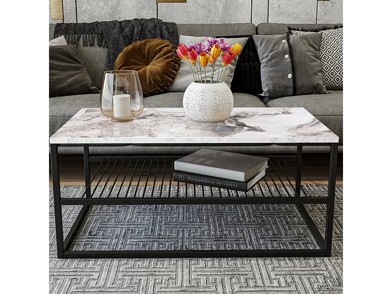 Couchtisch mit weißer Marmoroptik und Regal - MARBEL