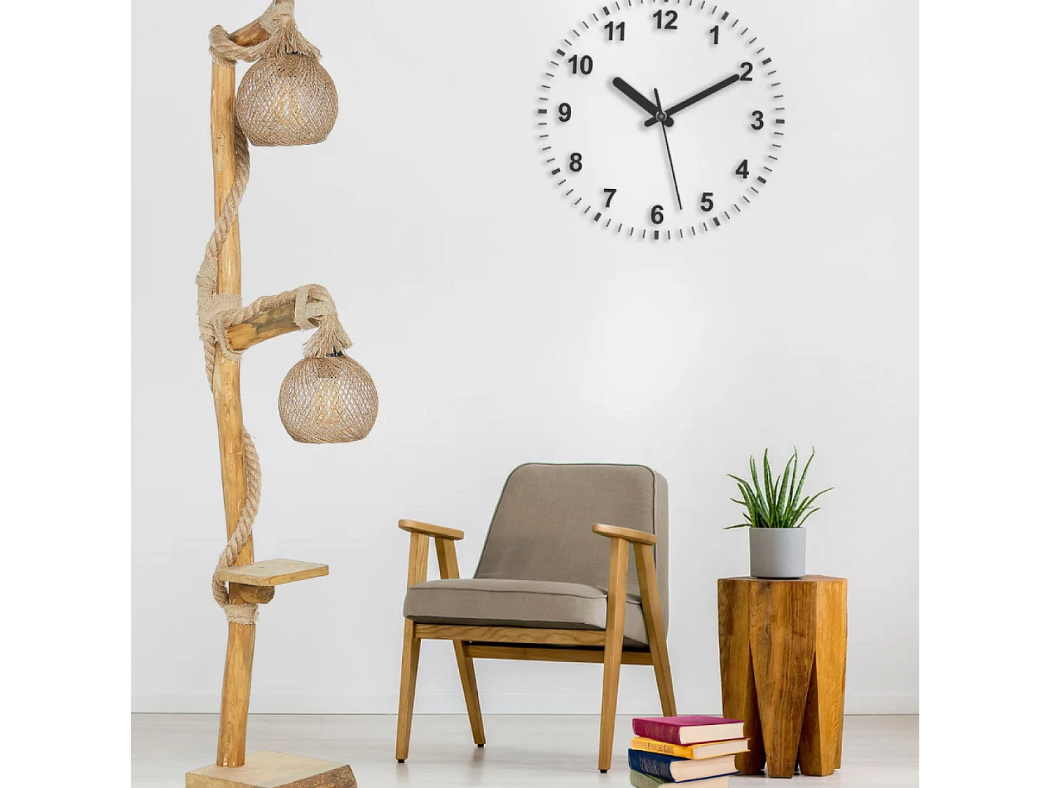 Lampadaire en bois et cordes avec rebord ALEX