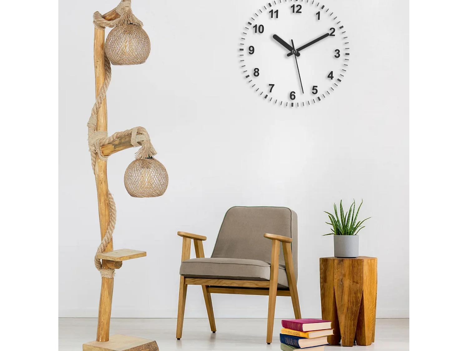 Lampadaire en bois et cordes avec rebord ALEX