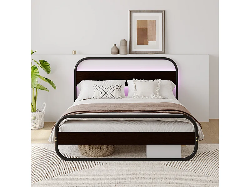 LED-metalen bed 140x160cm LEEDS met geïntegreerde LED-verlichting en opbergruimte