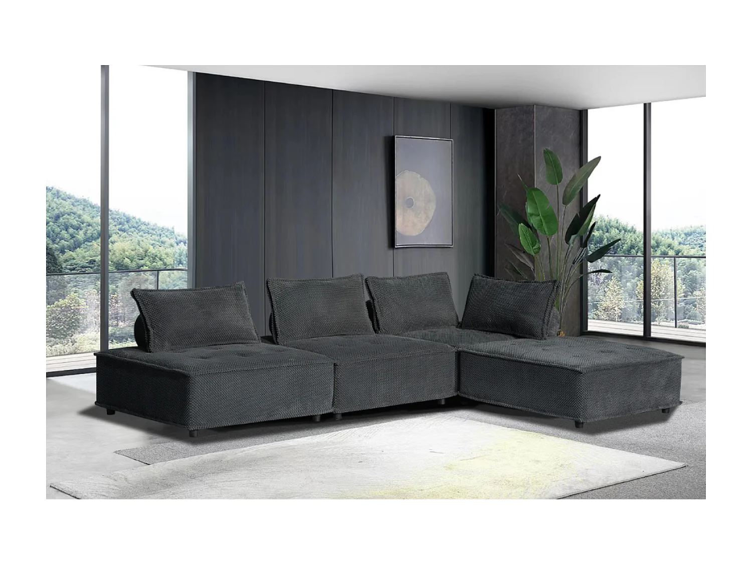 Hoekbank met 4 zitplaatsen in donkergrijs fluweel - Comfort en elegantie voor uw woonkamer