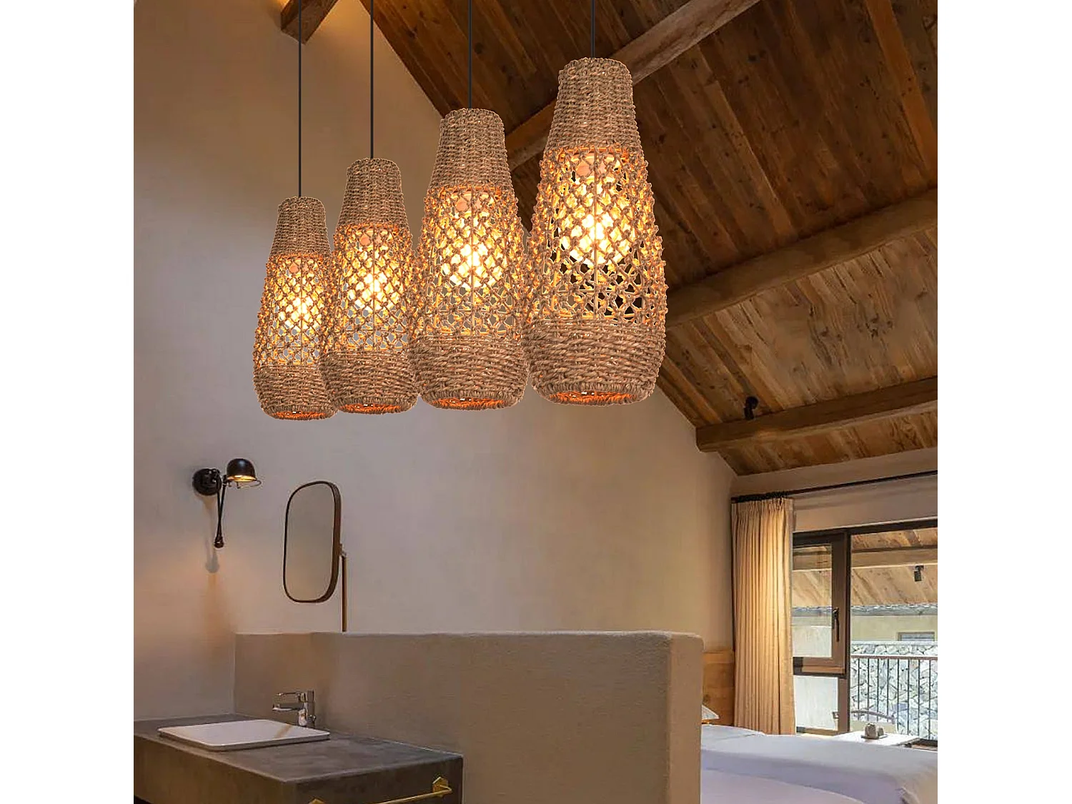 Arturesthome lampe pendante en rotin faite à la main lampe pendante en fibre naturelle de bohème plafonnier d15 x h35cm