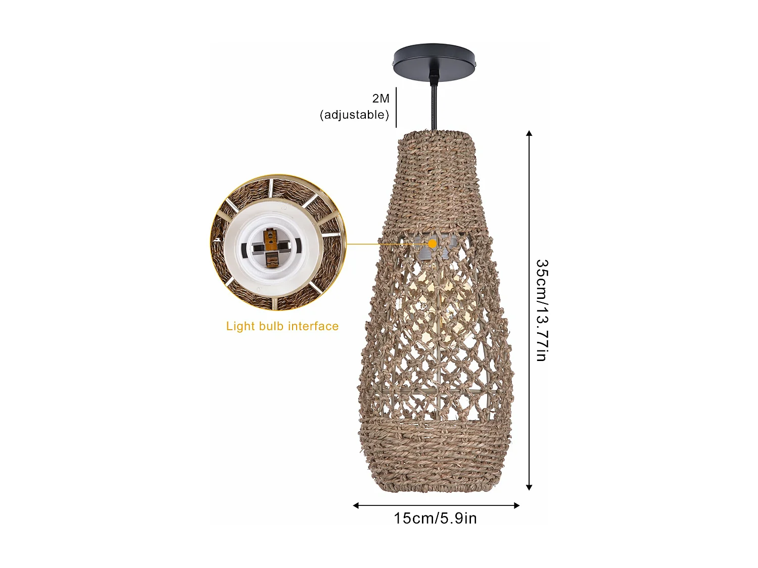 Arturesthome lampe pendante en rotin faite à la main lampe pendante en fibre naturelle de bohème plafonnier d15 x h35cm