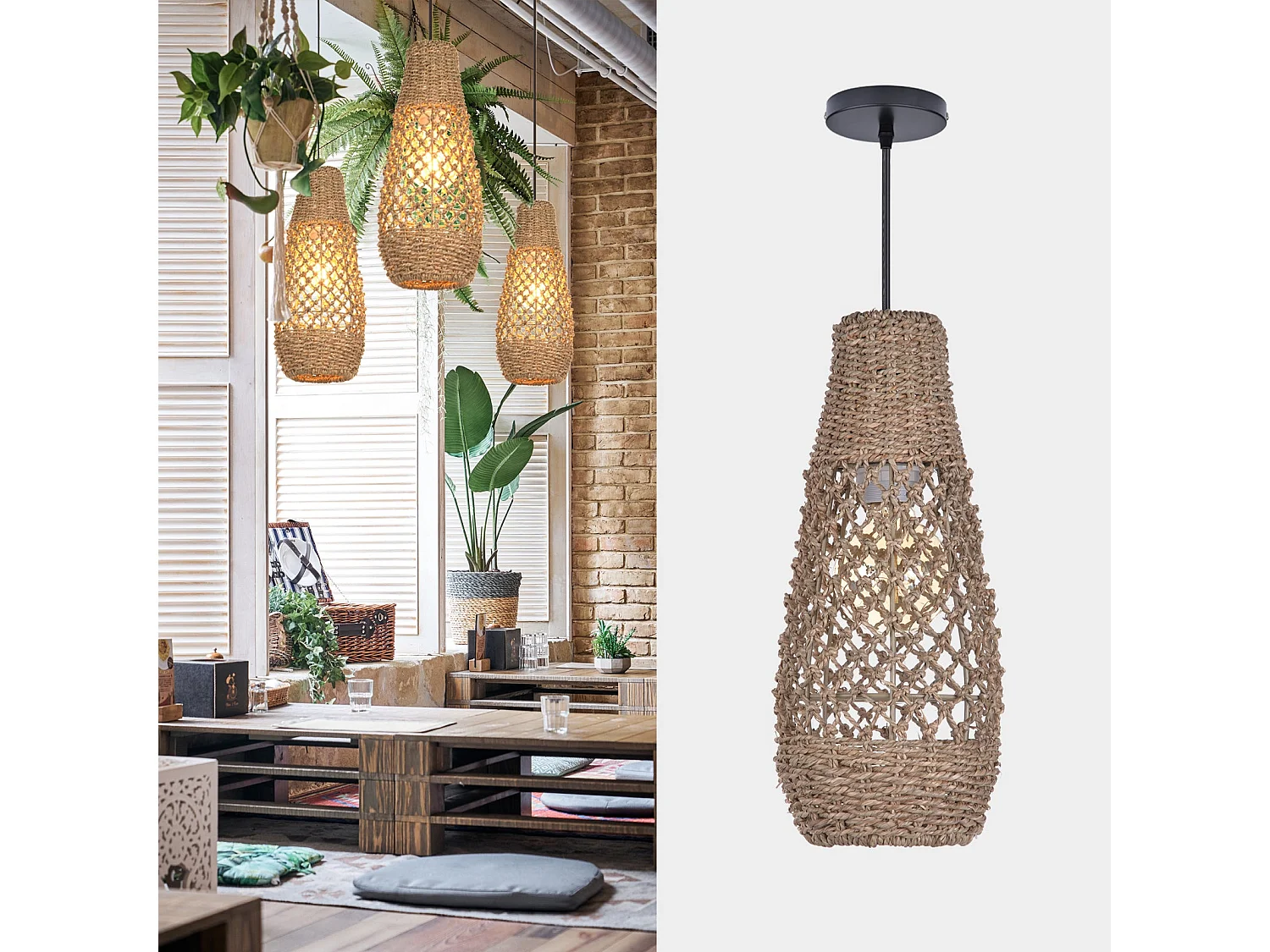 Arturesthome lampe pendante en rotin faite à la main lampe pendante en fibre naturelle de bohème plafonnier d15 x h35cm