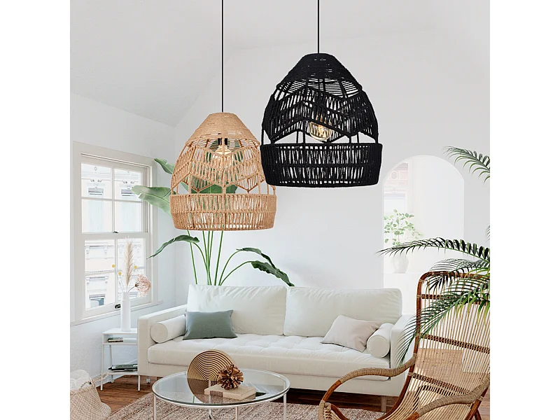 Kronleuchter aus natürlichem rattan für wohnzimmer, schlafzimmer und kücheninsel schwarz d35x h45cm