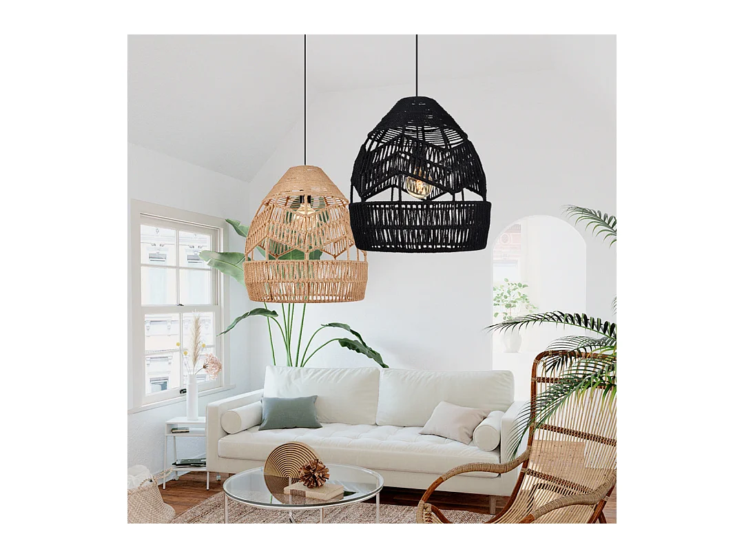 Kronleuchter aus natürlichem rattan für wohnzimmer, schlafzimmer und kücheninsel schwarz d35x h45cm