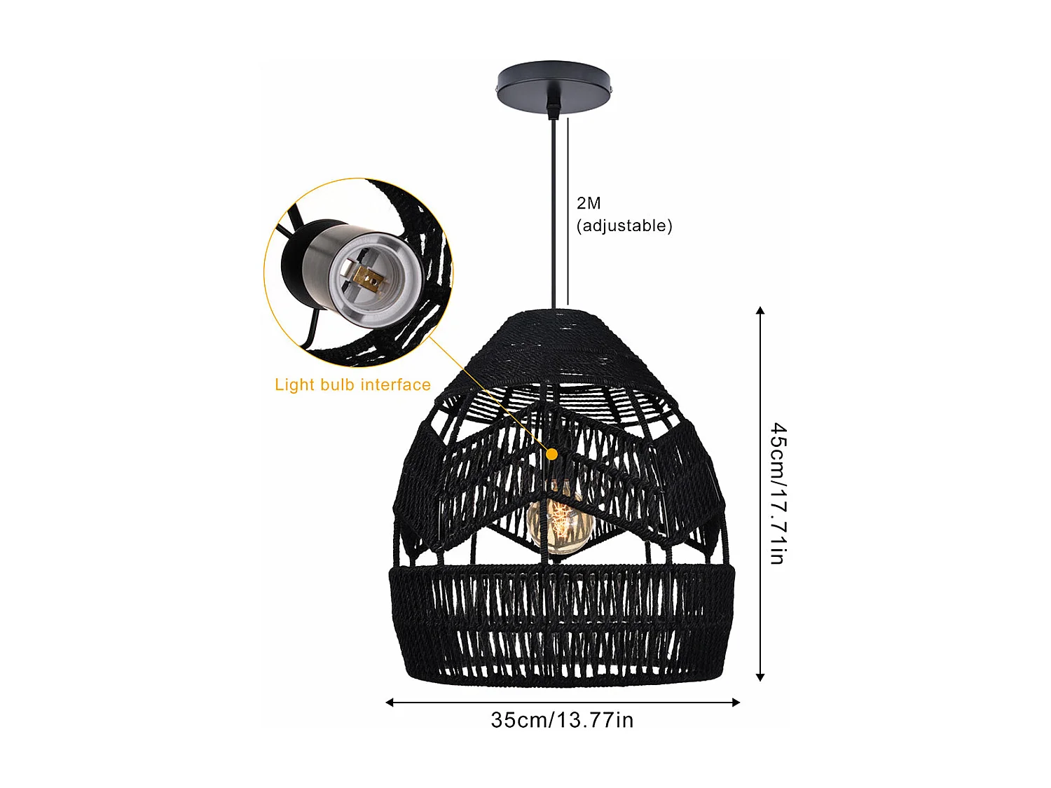 Kronleuchter aus natürlichem rattan für wohnzimmer, schlafzimmer und kücheninsel schwarz d35x h45cm