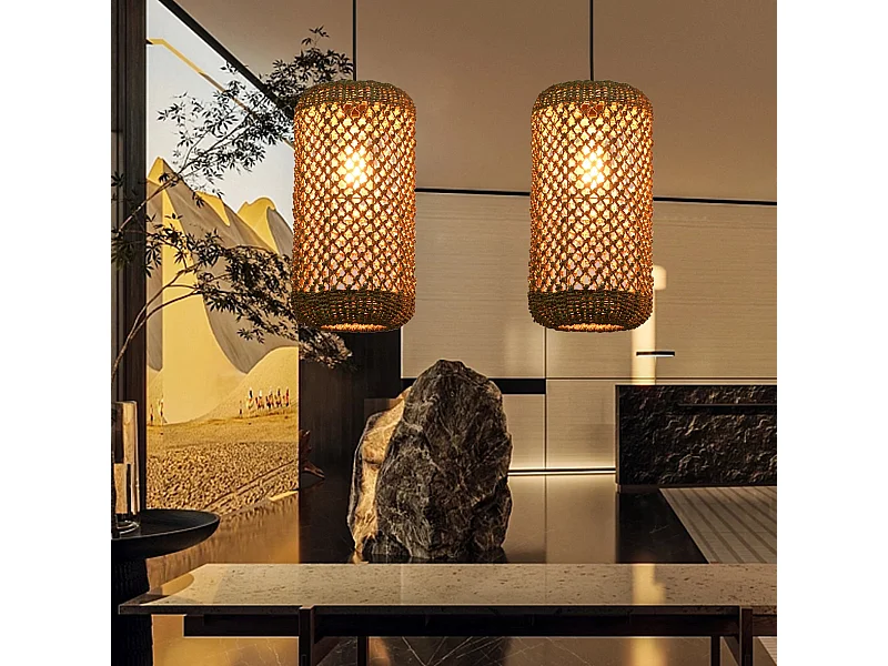 Arturesthome lustre en rotin tressé à la main lustre en fibre naturelle de style bohème plafonnier rustique d20cmx h40cm