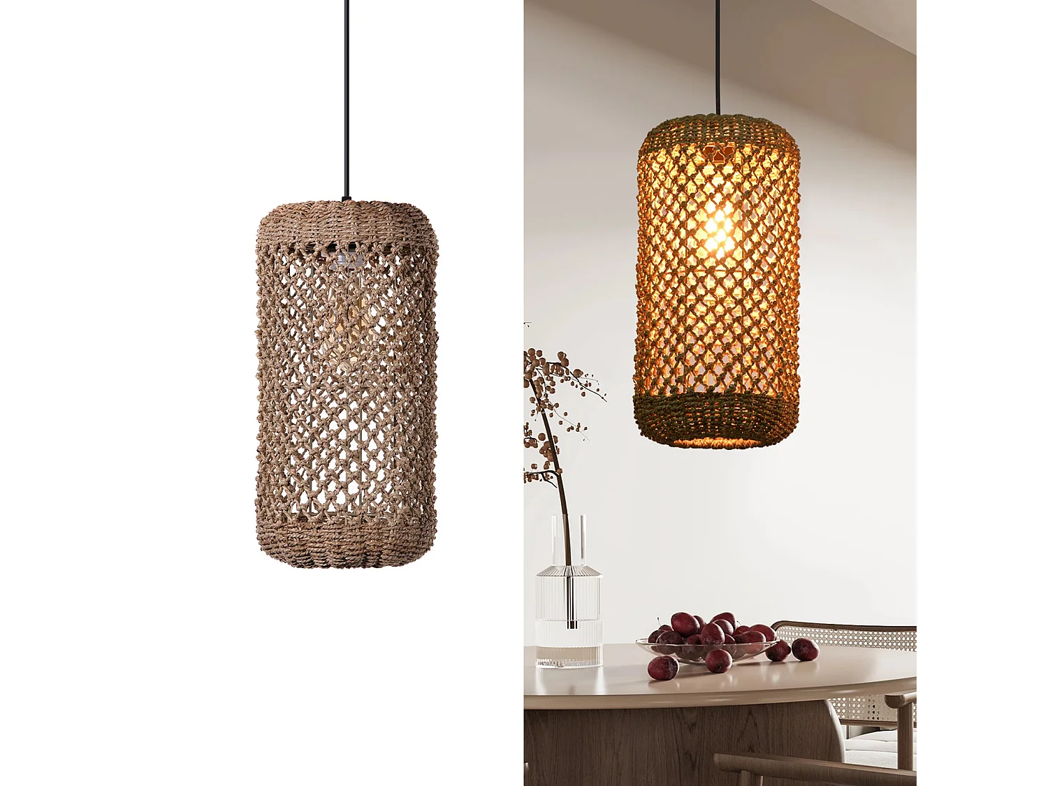 Arturesthome lustre en rotin tressé à la main lustre en fibre naturelle de style bohème plafonnier rustique d20cmx h40cm