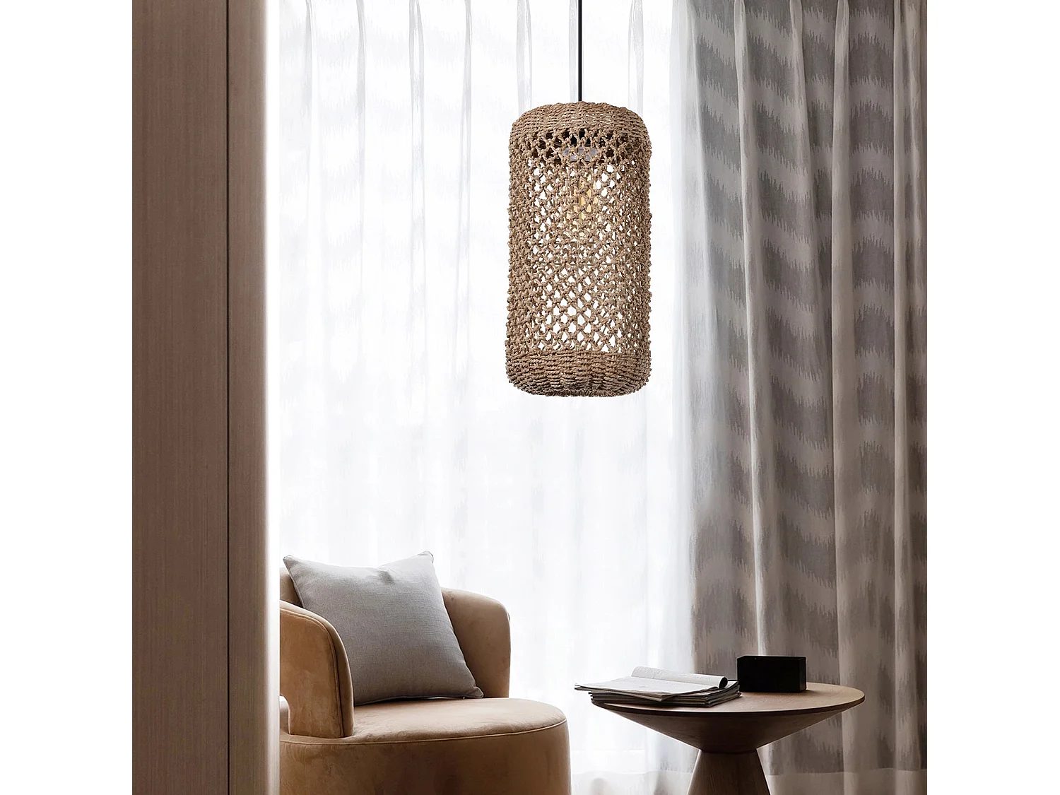 Arturesthome lustre en rotin tressé à la main lustre en fibre naturelle de style bohème plafonnier rustique d20cmx h40cm