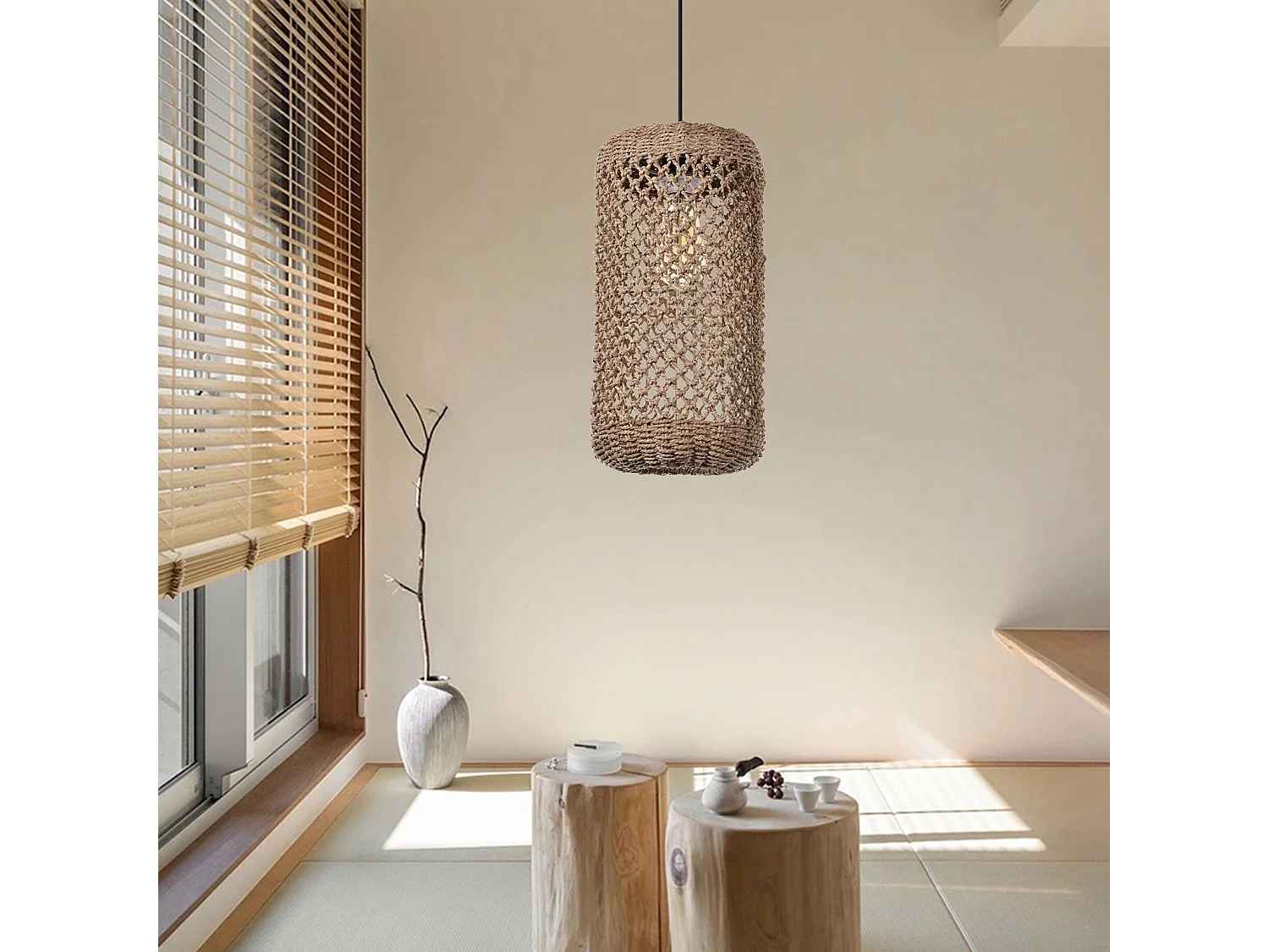 Arturesthome lustre en rotin tressé à la main lustre en fibre naturelle de style bohème plafonnier rustique d20cmx h40cm