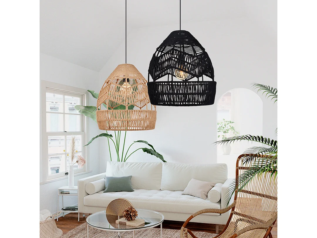 Kronleuchter aus natürlichem rattan für wohnzimmer, schlafzimmer und kücheninsel schwarz d35x h45cm