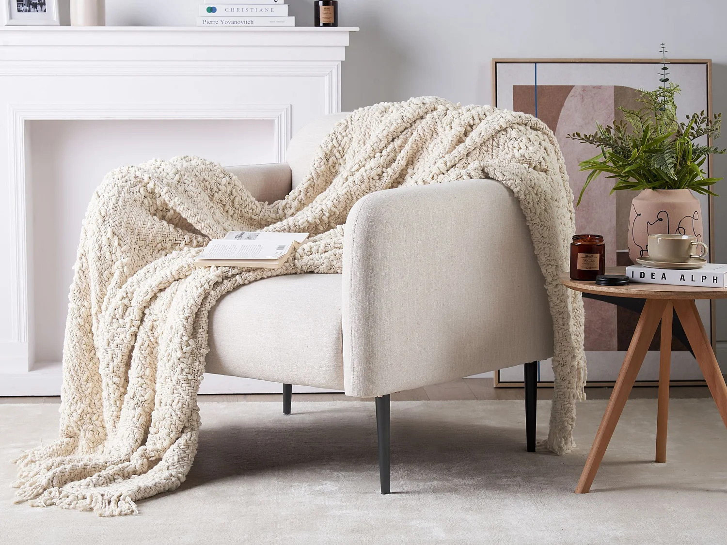 Decke Baumwolle gestrickt creme weiß mit Quasten 150 x 200 cm Kuscheldecke Vella