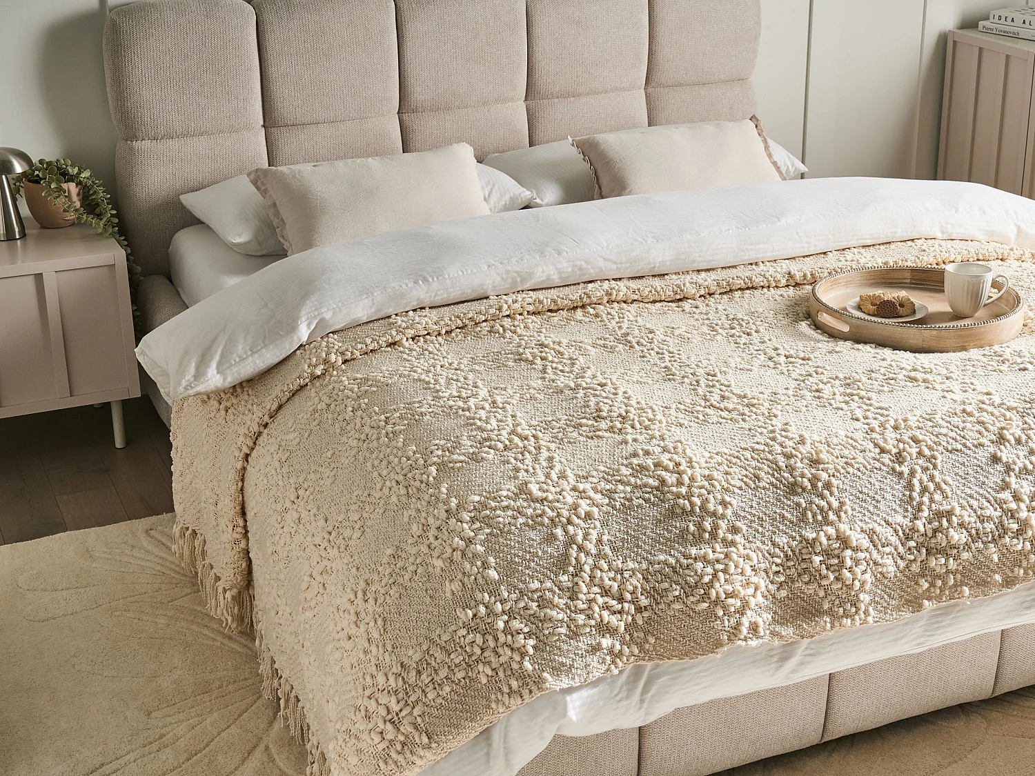 Decke Baumwolle gestrickt creme weiß mit Quasten 220 x 240 cm Kuscheldecke Vella