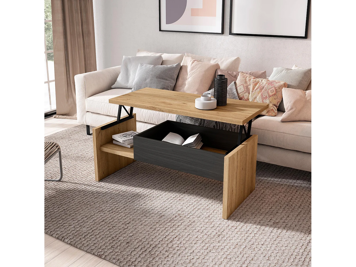 Couchtisch, 110x45x50cm, Beistelltisch, Eiche Schwarz