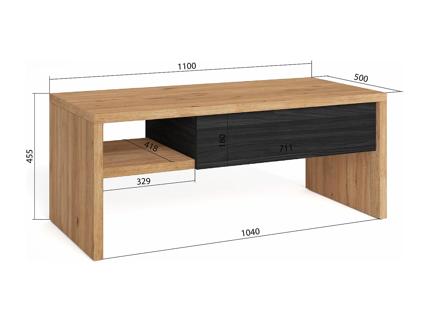 Couchtisch, 110x45x50cm, Beistelltisch, Eiche Schwarz