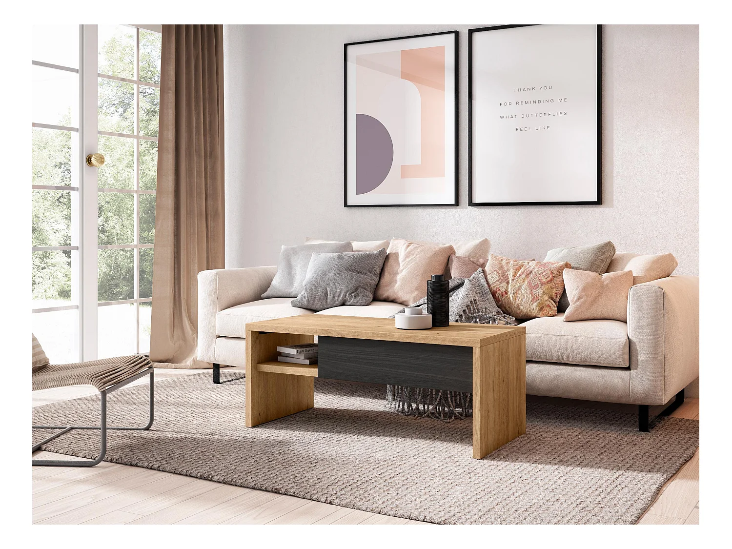 Table Basse Relevable, 110x50x45 cm, Meubles de Salon, Chêne et noir