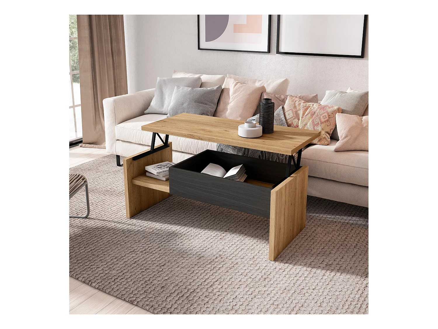 Koffietafel, Salontafel, 110x50x45cm, Woonkamertafel, Eiken/Zwart