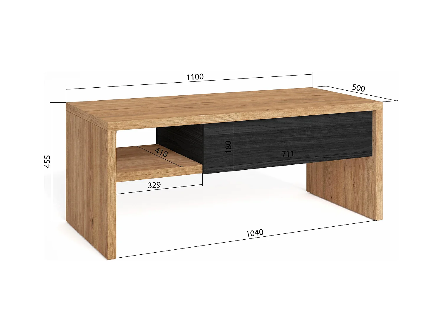 Koffietafel, Salontafel, 110x50x45cm, Woonkamertafel, Eiken/Zwart