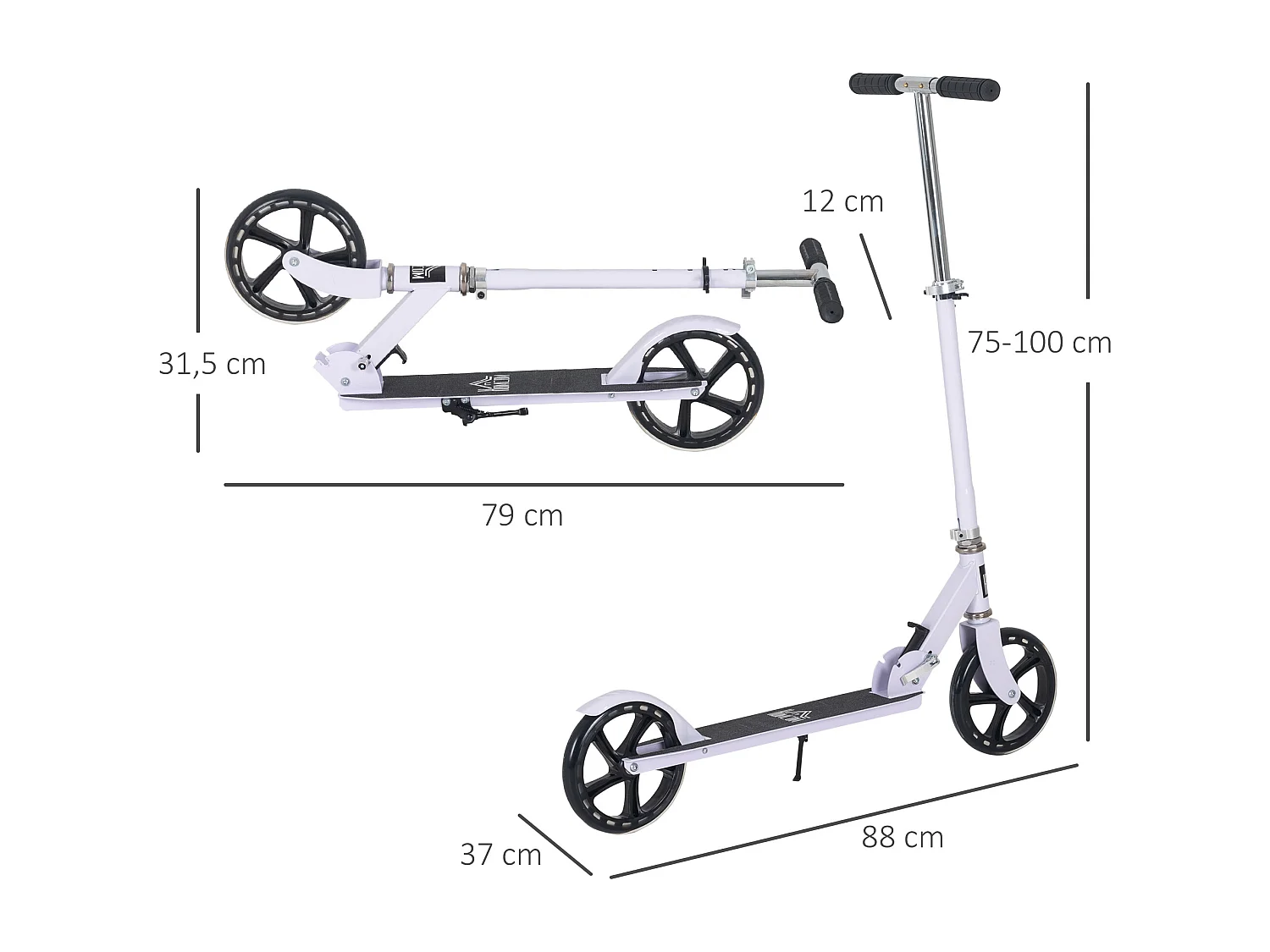 Trottinette pliable hauteur guidon réglable sur 4 niveaux système de freinage arrière blanc dim. 88L x 37l x 75-100H cm