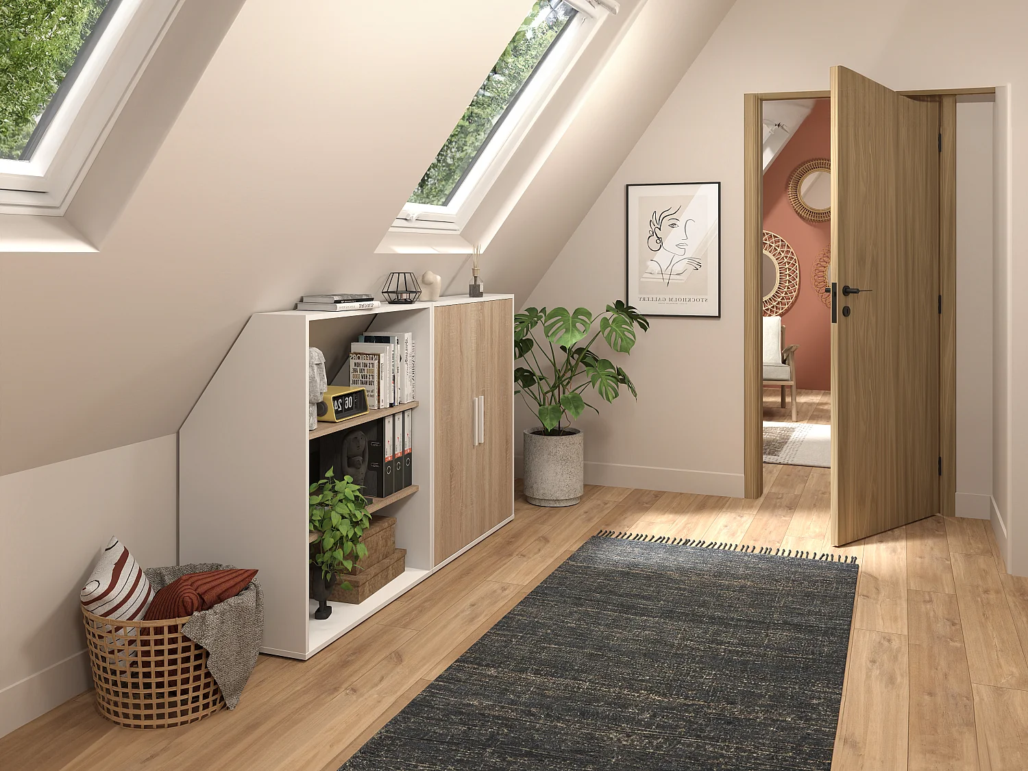 Meuble sous pente 2 portes et 2 étagères - Blanc et naturel - ADEZIO