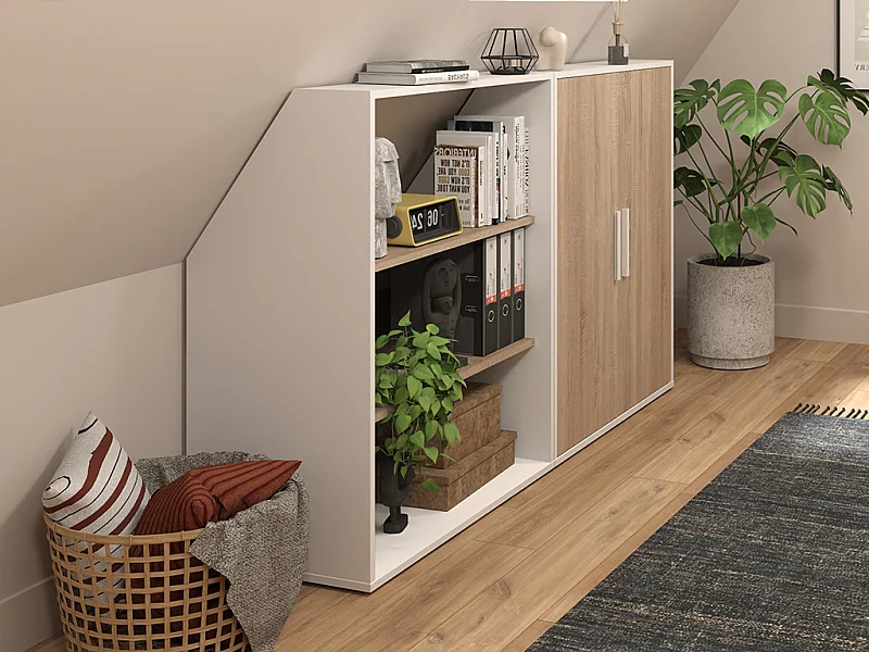 Meuble sous pente 2 portes et 2 étagères - Blanc et naturel - ADEZIO