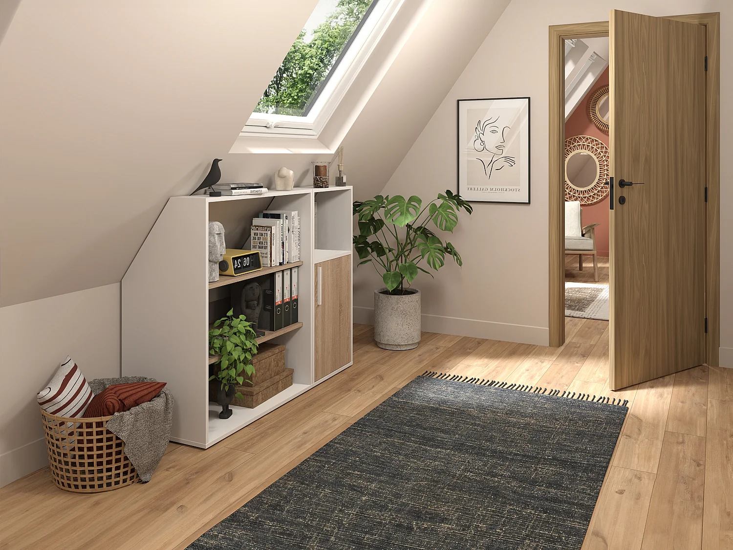 Meuble sous pente 1 porte, 2 étagères et 1 niche - Blanc et naturel - ADEZIO