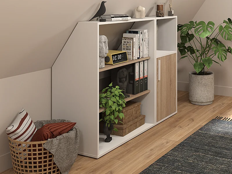 Mobile mansarda 1 anta, 2 scaffali e 1 nicchia Bianco e Naturale  - ADEZIO