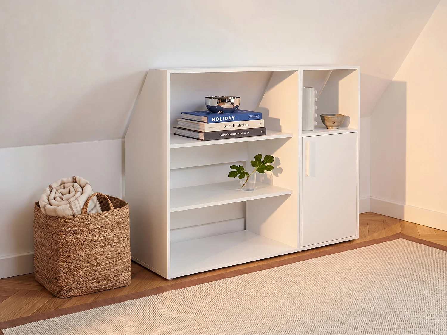 Meuble sous pente 1 porte, 2 étagères et 1 niche - Blanc - ADEZIO
