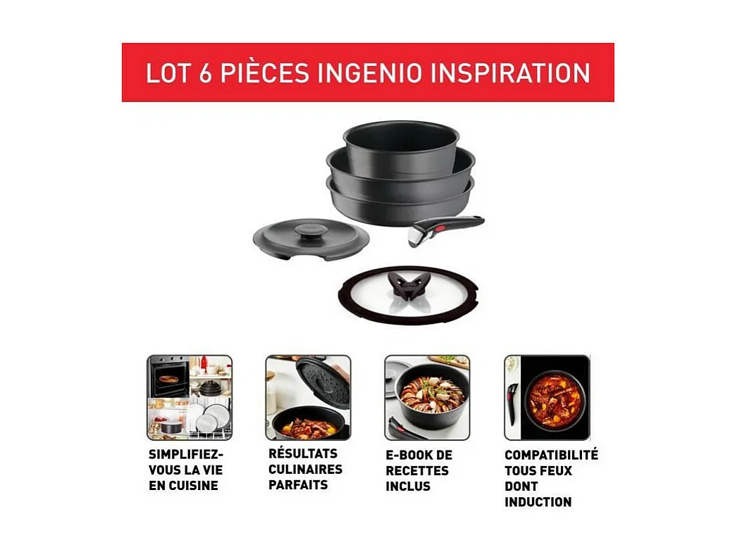 TEFAL INGENIO Lot 6 pieces, Induction, Fonte aluminium, Antiadhésif, Poele, Cocotte, Couvercle fonte + verre, Inspiration L867S