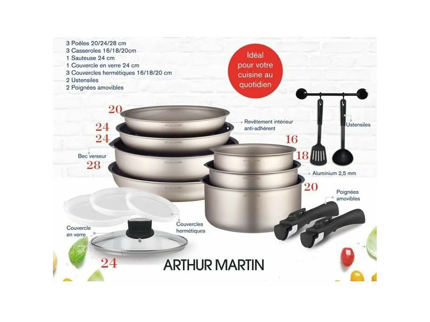 Batterie de cuisine Arthur Martin AM133CH 15 pieces - Aluminium - Poignée amovible - Tous feux dont induction