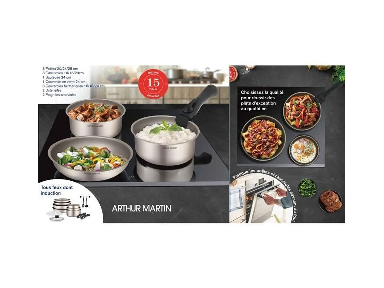 Batterie de cuisine Arthur Martin AM133CH 15 pieces - Aluminium - Poignée amovible - Tous feux dont induction