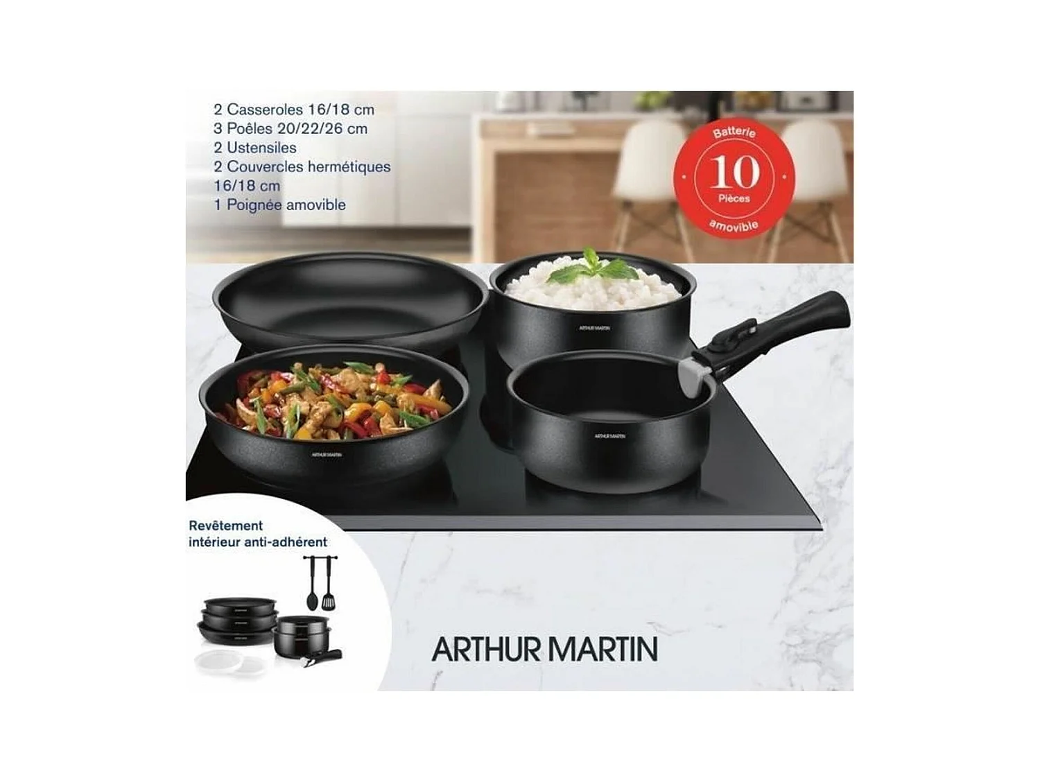 Batterie de cuisine 10 pieces Arthur Martin - Aluminium - Tous feux sauf induction - Noir