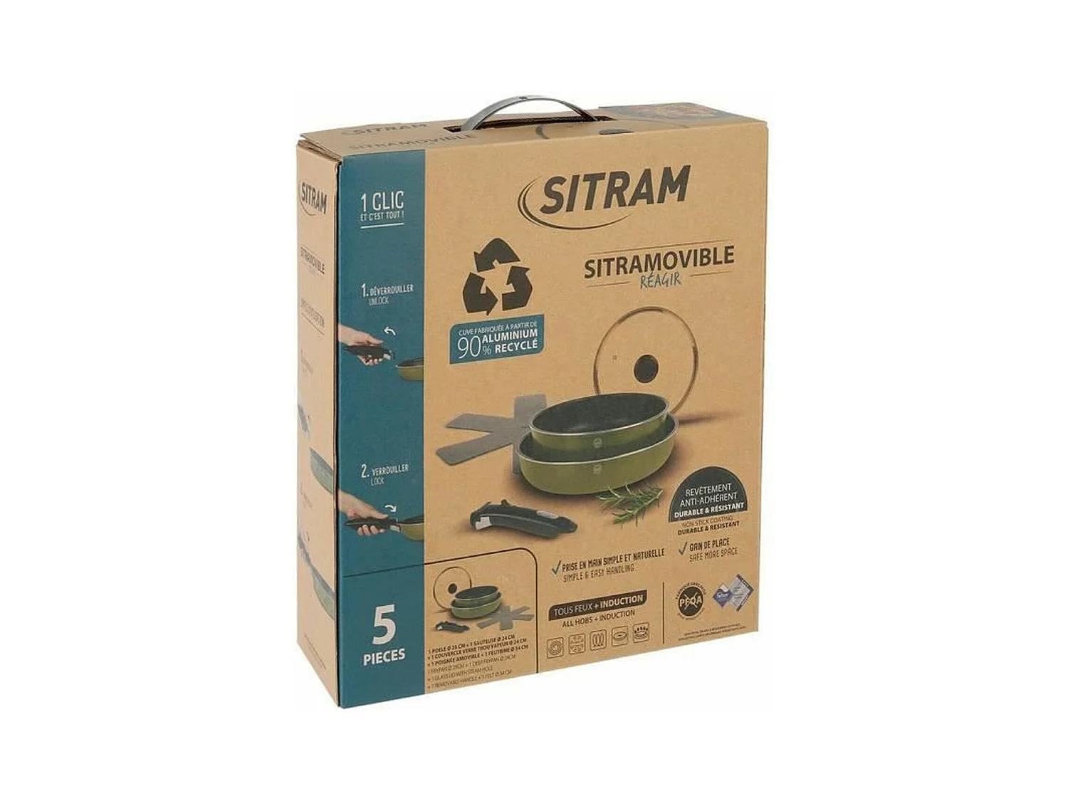 Batterie de cuisine amovible 5 pieces SITRAM en aluminium pressé recyclé