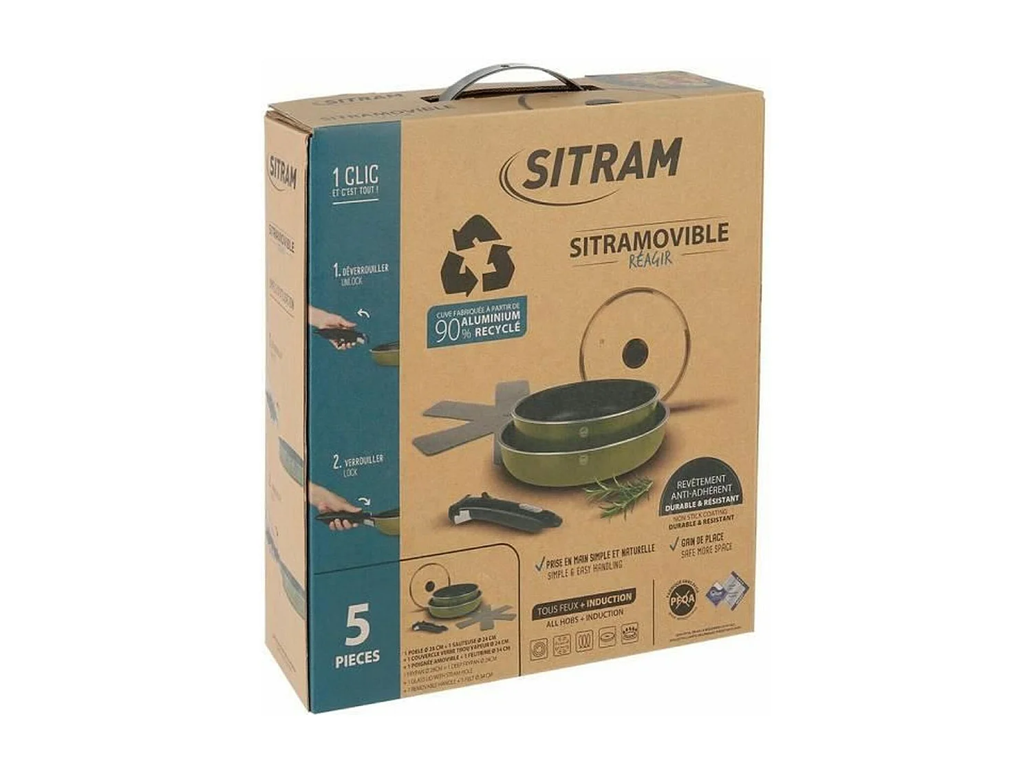 Batterie de cuisine amovible 5 pieces SITRAM en aluminium pressé recyclé