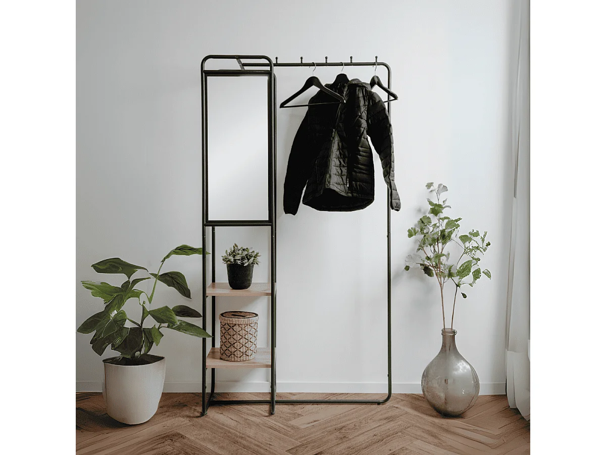 Garderobe aus lackiertem Metall mit 6 Haken, 2 Regalen und 1 Spiegel H185 cm - LUTON