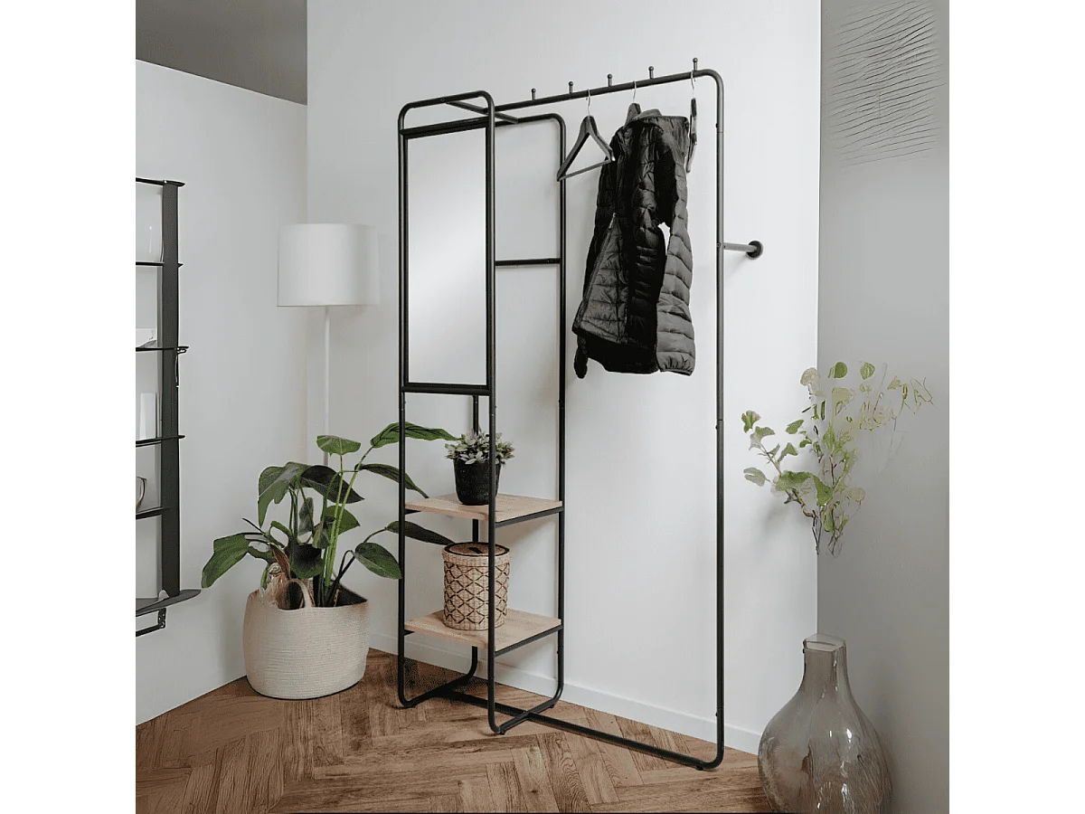 Vestiaire en métal laqué avec 6 crochets, 2 étagères et 1 miroir H185 cm - LUTON